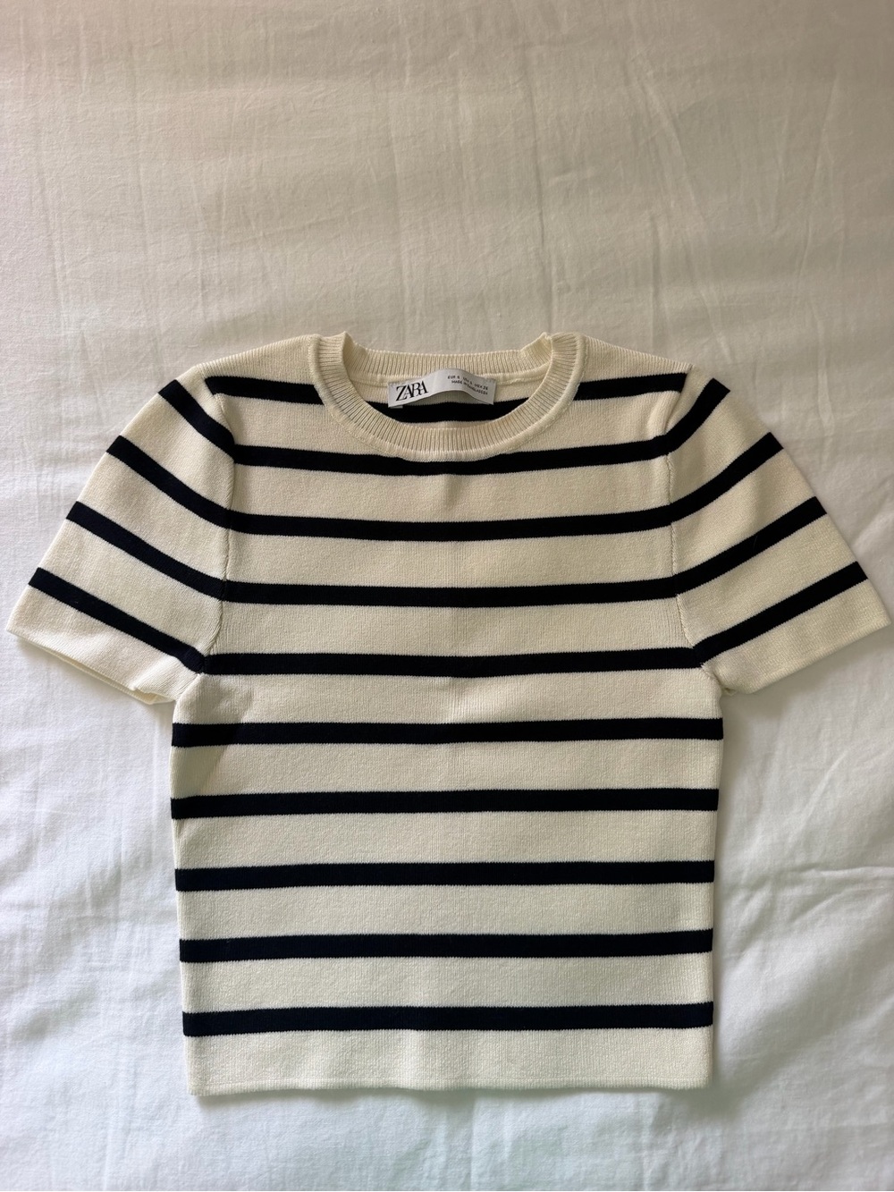 Zara  Cream and Black Striped Short-Sleeve crop Top